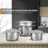 Bộ nồi inox 5 món Smartcook Mini SM 2303S size 16,18,20, xửng hấp 3 tầng size 16,18,20cm