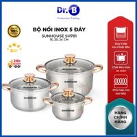 Bộ nồi Inox bếp từ SUNHOUSE 5 Đáy SH781 16, 20, 24 cm vung kính cao cấp hàng chính hãng GiadungDrB