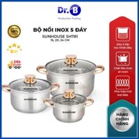 Bộ nồi Inox bếp từ SUNHOUSE 5 Đáy SH781 gom 16, 20, 24 cm vung kính cao cấp