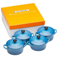 Bộ nồi mini LeCreuset Mini-Cocotte/ Bräter-Set, 4-teilig, Rund, Je 200 ml, 10 x 5 cm, Steinzeug, Blau (Marseille) – 4c/ màu xanh