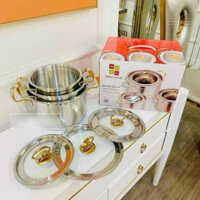 Bộ Nồi Misu Louis Inox 304 Cao Cấp, Bộ Nồi 3 Món Không Gỉ Nguyên Khối Sử Dụng Cho Mọi Loại Bếp - L
