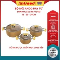 Bộ nồi nhôm Anod SUNHOUSE SHG7734M kích thước 16 20 24cm màu vàng sang trọng đẹp mắt vung kính cường lực dùng siêu bền