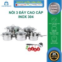 Bộ nồi quánh 3 đáy inox 304 cao cấp Fivestar Plus quai oval kiểu Silit 5 món nắp kính , tặng 1 vá inox