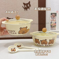 Bộ Nồi Sứ Kèm Thìa Hình Gấu Nâu , Set Tô Kèm Thìa Họa Tiết Capybara Siêu Xinh