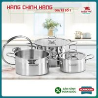 Bộ nồi Sunhouse Mama SH784, Bộ nồi inox Sunhouse SH784, đáy dùng cho bếp từ, 3 nồi kích thước: 16cm, 20cm, 24cm.