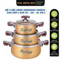 Bộ nồi Sunhouse sh6634 món công nghệ Anod cao cấp, dùng bếp gas bếp hồng ngoại size 16-20-24cm