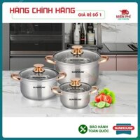 Bộ nồi Sunhouse SH781, Bộ nồi inox SH781, 5 đáy dùng cho bếp từ, 3 nồi kích thước: 16cm, 20cm, 24cm. Phù hợp với mọibeep