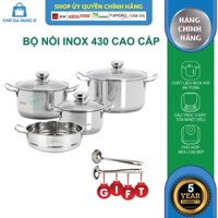 Bộ nồi xửng 3 đáy inox 430 Fivestar Standard bếp từ nắp kính FS06CG tặng 2 muỗng canh