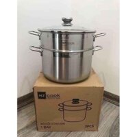 Bộ nồi xửng hấp Inox 430 HT Cook Size 28cm, Bộ nồi 2 tầng dày đẹp hấp luộc thực phẩm, hàng cao cấp loại 1