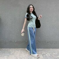 Bộ nữ áo cổ tròn quần dài rộng vải tăm lạnh - Bin Tin Shop