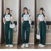 Bộ nữ Thể Thao Cổ tròn Áo Phông Tay Ngắn Quần Ống Rộng