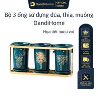 Bộ ống sứ đựng đũa, thìa, muỗng DandiHome cao cấp kèm khung thép cao cấp - Combo 3  - GIÁ VÀNG HỌA TIẾT ĐẦU VOI - ĐẦU HƯƠU