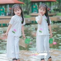 Bộ pháp phục/ Bộ bà bà bé gái thêu hoa sen vải lụa mềm mát size 8ky - 30ky