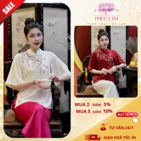 Bộ Pháp Phục Cách Tân Vải Gấm Thêu Hoa Đào, Bộ Phật Tử Tay Lỡ Sang Trọng - Pháp Phục Phúc Lâm