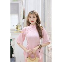 Bộ pháp phục cổ tàu lụa vân xước màu hồng, vàng