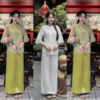 Bộ pháp phục đi lễ Áo voan tơ 2 lớp, cổ tết, thêu hoa Quỳnh, kèm Quần lụa trơn