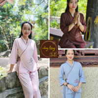 Bộ pháp phục đồ lam đi chùa vạt chéo may dính liền, vải lụa kate Hàn co dãn nhẹ siêu mát, không nhăn. Dễ ngồi thiền.