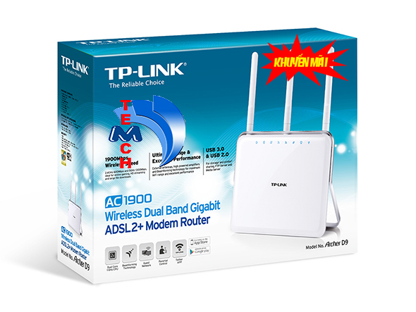 Bộ phát wifi AC1900 Wireless Dual Band Gigabit ADSL2 + Modem Router TP-LINK Archer D9