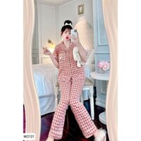 BỘ PIJAMA CARO VIỀN TAY NGẮN QUẦN DÀI TÚI GẤU XINH