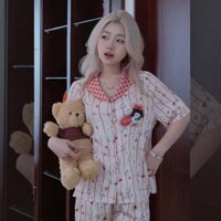 Bộ Pijama chất lụa Latin tay RẤP LĂNG QUẦN DÀI họa tiết xinh xắn, nữ tính LAMIA S2416