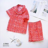 Bộ pijama cho bé trai ngắn tay quần đùi màu đỏ cam đồ mặc nhà mùa hè thô cotton Hàn B2kid 4 5 6 7 8 tuổi 14kg đến