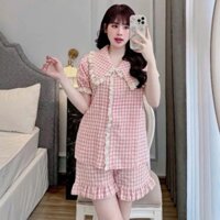 Bộ PIJAMA cộc Tay Cổ Bèo Ren Kẻ Caro Phối Bèo Phong Cách Tiểu Thư