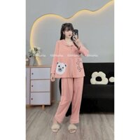 Bộ Pijama cotton gấu dài tay quần dài vén ti cho bầu và sau sinh - B166