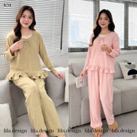 Bộ Pijama Đồ Mặc Nhà Chất Tăm Lông Thỏ 2 Mặt Cao Cấp K34. Thiết kế cổ tròn dài tay,quần dáng suông 2 màu hồng và cỏ úa