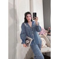 Bộ Pijama kẻ ô xanh họa tiết hoa cổ cúc trắng dễ thương tiểu thư cotton - L032 Nữ Women