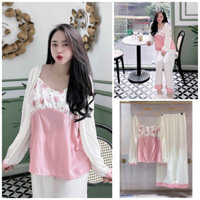 bộ pijama lụa cao cấp Quảng Châu CLC tay dài gấu áo hồng