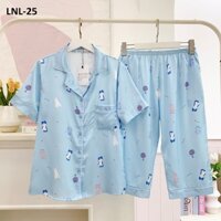 Bộ pijama lụa Latin cao cấp, mềm mại Satino Tay ngắn quần lửng - Kitty Blue (LNL-25)