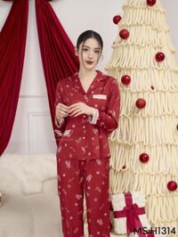 Bộ pijama lụa nữ tay dài quần dài mặc mùa thu đông họa tiết bông tuyết H1314