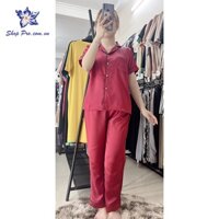 Bộ pijama lụa vải lụa satin quần dài áo ngắn tay màu trơn thiết kế viền shop pro PT02
