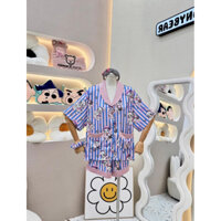 BỘ PIJAMA MONYBEAR ĐÙI TAY THƯỜNG CÔ GÁI MẮT XANH VIỀN HỒNG SỌC XANH  ( kèm CỘT TÓC  )