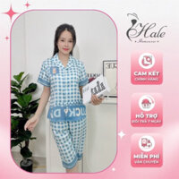 Bộ Pijama Ngắn Tay Quần Lửng Hale Homewear Lụa cao cấp in chữ Happyday kẻ xanh PJQS013