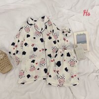 Bộ Pijama Ngủ Nữ Bò Sữ Sét Quần Áo Ngủ Cộc Tay In Hình 5D X044
