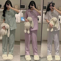 Bộ Pijama Nữ Cộc Dài Kẻ Caro Xốp Hàn Xinh Xắn