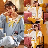 Bộ Pijama Nữ Dài In Hình Chất Tăm 2 Màu Phối Màu dưới 62kg