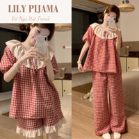 Bộ pijama nữ hoạ tiết caro đỏ áo tay ngắn cổ bèo dễ thương Lily, bộ ngủ cotton nữ cao cấp phối ren Hcom25545