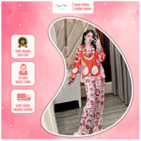 Bộ Pijama Nữ Tay Dài QUYÊN PHAM PIJAMA  - Pijama Lụa Xước Hình Chú Gấu Hồng Họa Tiết Sắc Nét Màu Hồng Siêu Đáng Yêu