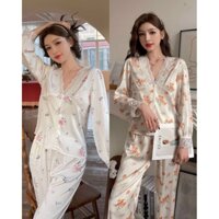 Bộ pijama nữ thiết kế cách điệu cổ tim phối ren cùng form lên dáng thon gọn trang nhã. họa tiết cổ điển nhã nhặn đẹp cực