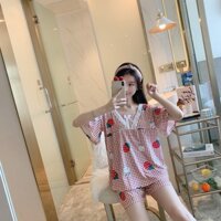 Bộ pijama phối nơ mặc nhà, Đồ bộ dễ thương, Bộ kẻ đỏ thỏ trắng