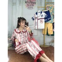 Bộ pijama tay dài sọc đỏ tiểu thư