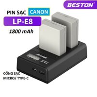 Bộ Pin LP-E8 1800mAh  Sạc Beston Dùng Cho Máy Ảnh Canon EOS 550D 600D 650D 700D Kiss X4 X5 X6i - Hàng nhập khẩu - Dock  2 Pin