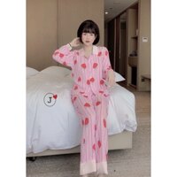 Bộ Pizama lụa mango cổ sen dài tay họa tiết dễ thương, bộ mặc nhà nữ mềm mát không nhăn