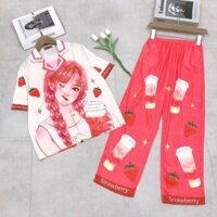Bộ pizama xước cô gái trà dâu