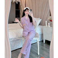 Bộ Pyjama  Bộ Đồ Nữ Mặc Nhà Kẻ Caro Cộc Dài Chất Đũi Xốp Mềm Mại