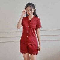 Bộ Pyjama lụa trơn phối ren áo ngắn quần cộc - Cao cấp cho nữ - Màu đỏ