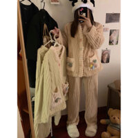 Bộ Pyjama Ngủ Bông Cổ V Lượn Sóng 2 Túi Bông Hoa