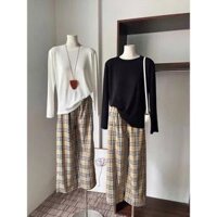 Bộ Q6 thu đông nữ Bắp Bơ Rie, áo thun TRƠN dài tay form rộng mix quần kẻ ca rô suông dài